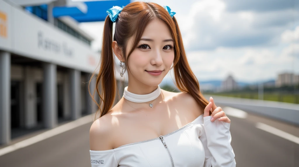 (8K、Raw photo、best image quality、masterpiece:1.2)、(genuine、photogenuine:1.37)、Super detailed、ultra high resolution、girl、1 person、eyes that look at the beholder、Beautiful face in every detail、smile、narrow、 (slim waist) :1.3)、thick and beautiful skin、skin texture、flowing hair、professional writing、as a whole human body、twin tails、Braid、high school girlの、high school girl、school zone、Tokyo、cityscape、red tie、bob hair、happy smile、baby face smile、no makeup、16 years old、a little chubby、E cup breasts、