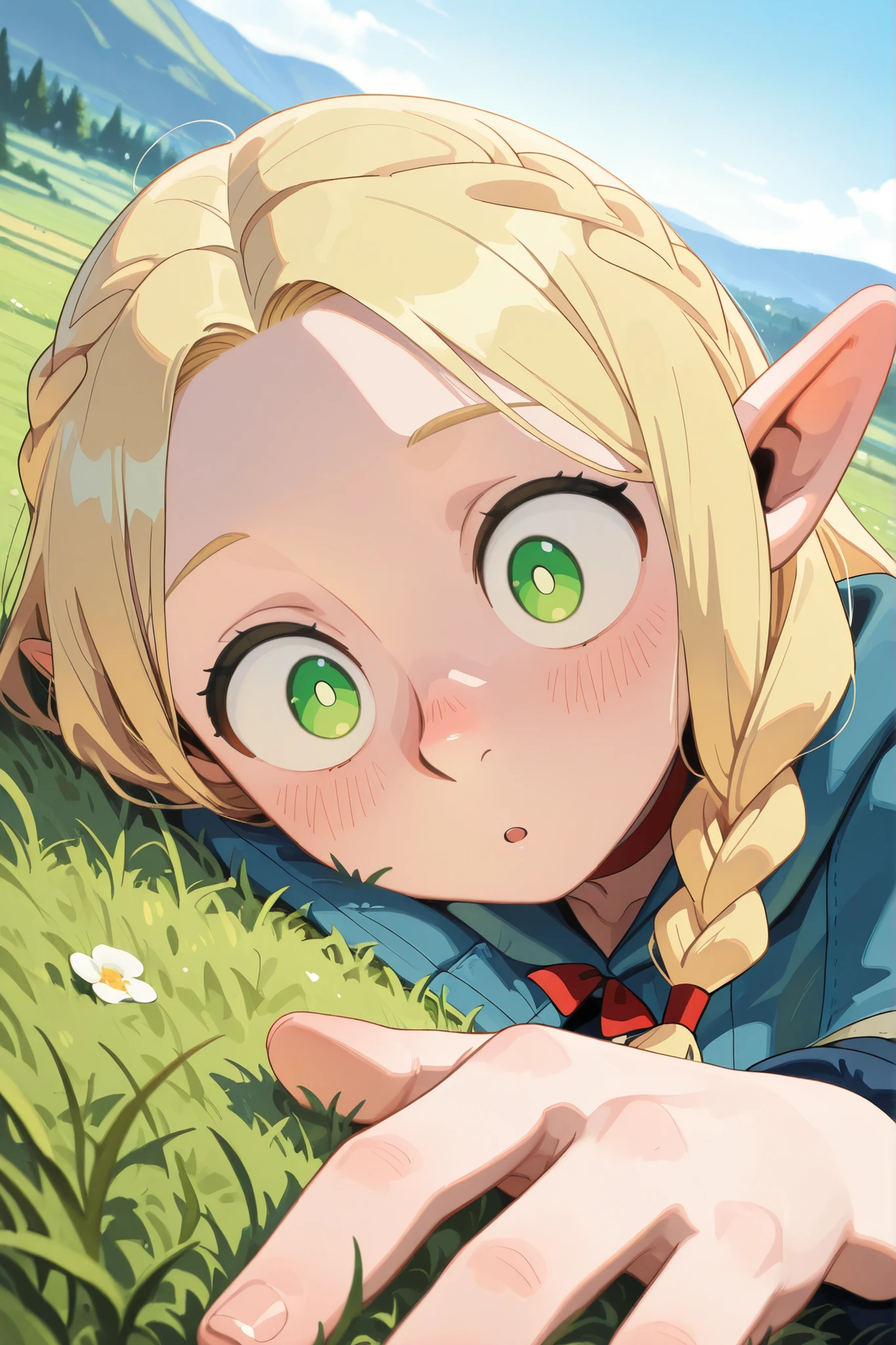 masterpiece, best quality, amazing quality, very beautiful, high resolution, 4 fingers and thumb,
Original anime,
Marcille Donato,
Marcille Donato, long hair, blonde hair, green eyes, braids, pointy ears, twin braids, elf, light eyes, parted bangs,
masterpiece, best quality, amazing quality, very beautiful, absurd, latest, landscape,
sleeping, mouth open, :o, blushing nose, upper body, dynamic angle, on grass,
(colorful), masterpiece, best quality, amazing quality, very beautiful, absurd, latest, landscape,