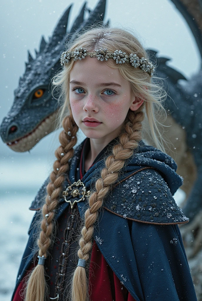 Fantasy, artistic photo of a young girl with silver hair and a headpiece, standing close to a dragon-like creature with detailed, textured scales, close-up portrait focusing on the faces of both the girl and the dragon, background is blurred to emphasize the subjects, taken under soft, natural lighting that enhances the skin texture and the dragon's scales, shot at eye-level with a high-quality digital camera, possibly a Canon EOS 5D Mark IV with a 50mm f/1.2 lens, in the style of Benjamin Von Wong