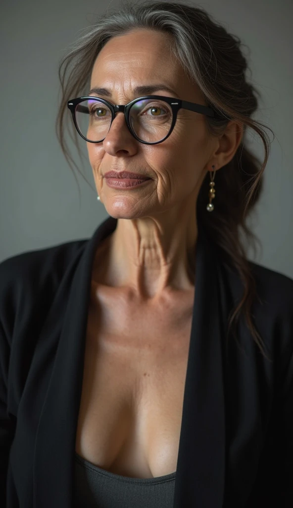 Photo of a mature Italian woman, Milf, beautiful face, short brunette hair, glasses, wearing a bra with breasts spilling out of it, ((visible nipple)), wrinkles, aged, necklace, crowded papers room, closeup, neutral colors, barren land, gigantic breasts, round breasts, big cleavage, see-through clothing, see-through cardigan, ((very sweaty breasts))