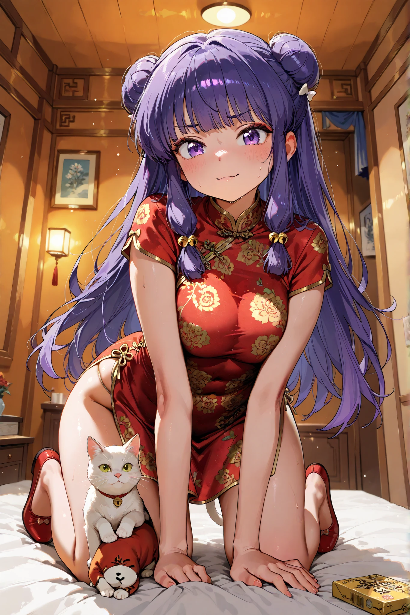 (Alone:1.3),1 girl\(Shampoo, Anime Character\(ranma1/2\),beautiful,sexy, long hair, looking at the spectator , blows, simple bottom, hair accessory, white bottom, dress, purple eyes, full body , purple hair, sideburns, hair bun, Campaign, double bun, Chinese clothing, short dress, red shoes, china dress, hair Campaign, eye shadow).bottom\( simple Chinese design ,white 1cat \). BREAK .quality\(8K,bottom de pantalla de unidad CG extremadamente detallada, high resolution , top-quality, top-quality real texture skin, hyperrealistic, increase resolution , RAW Photos Box, best quality, Highly detailed, The , golden ratio , high saturation realism , vibrant colors, dramatic lighting , Persuasive storytelling , atmospheric scenery , captivating images , intricate details , strong emotions, dream world\),(dynamic angle:1.4), show legs), show panties, ((piernas anchas)), (((caderas anchas))), (((wide hips))),(show legs), (caderas anchas), piernas anchas, cara hermosa, cara inocente bed view from behind sexy crawl on all fours ecstatic expression ecstatic expression, (show legs), ((wide hips)), ((piernas anchas), piernas perfectas,