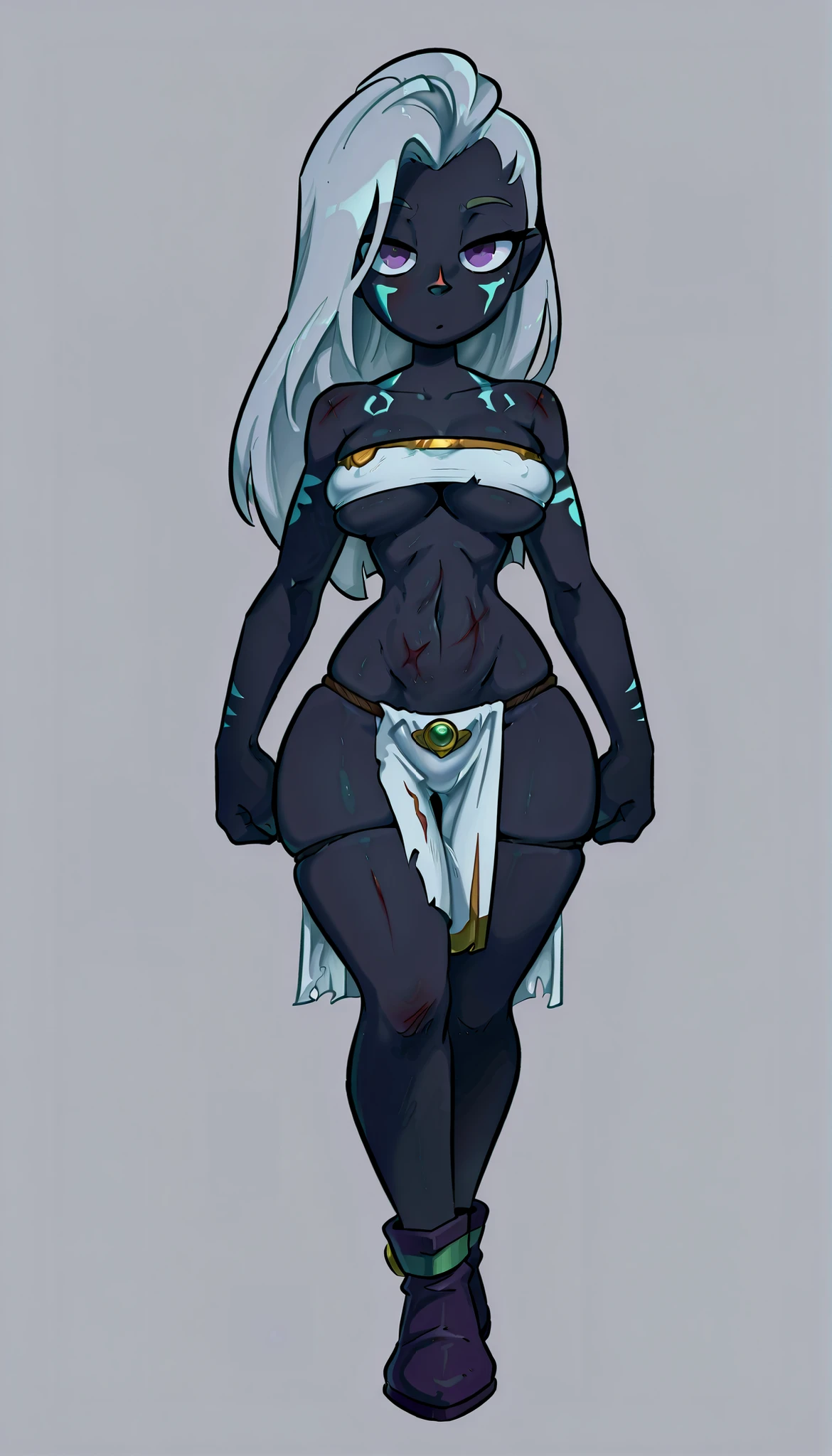 (Masterpiece, plain background:1.2) Female full body, standing straight symmetrical barefoot together, black dark elf skin, long messy white hair, short elf ears, circlet, yellow eyes, 1990s (style) female 1sologirl slingshot bikini, bare handcuffs, shackles wristbands, bracers, bracelets, tiara