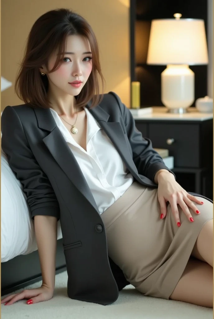 absurderes, Raw photo, Extremely delicate and beautiful, masutepiece, Best Quality, Ultra High Resolution, 16 K, hyper realisitic, Realistic, Photorealistic, Photorealsitic, Ultra-detailed, Perfect Anatomy, super detailed skin, Perfect figure, Very detailed CG 8k wallpaper, in her 20s, Very slim body, Narrow waist, Very small head, Very small face, Delicate facial features, tear moles, Earring, thin legs, (very massive round chest), ((Full body shot)), Short hair, (Wavy Hair), (light brown hair), (Wet clothes), (1 rapariga), (((Office Lady Suit))), (Shirt), Jacket, (Skirt),