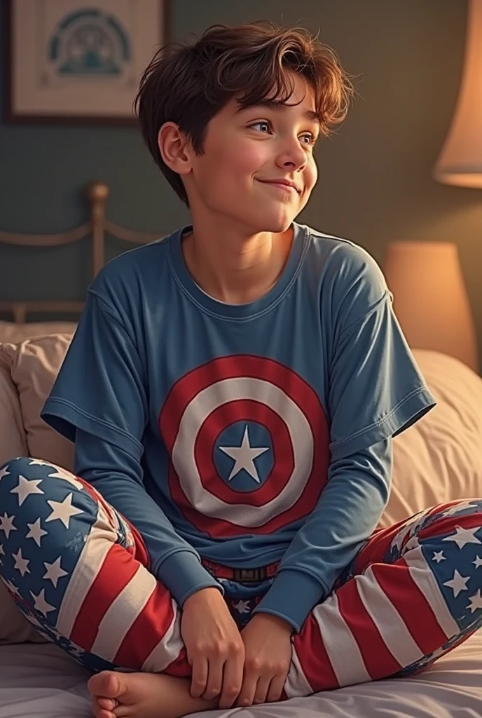 Eight-year-old boy with red hair lying on the bed in pajamas with bare feet reading a comic book