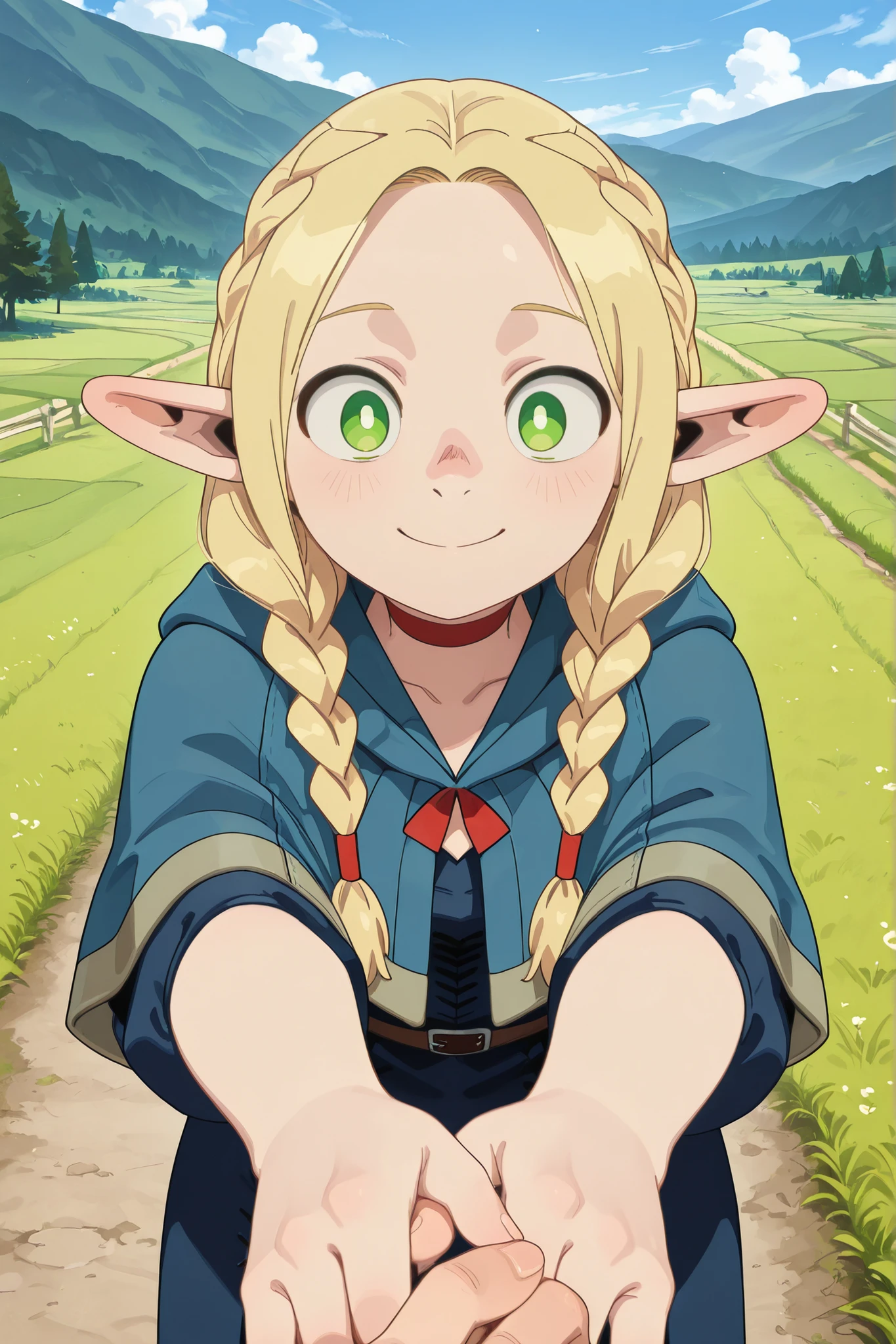 masterpiece, best quality, amazing quality, very beautiful, high resolution, 4 fingers and thumb,
Original anime,
Marcille Donato,
Marcille Donato, long hair, blonde hair, green eyes, braids, pointy ears, twin braids, elf, light eyes, parted bangs,
smiling, country road, unpaved, outdoors,, masterpiece, best quality, amazing quality, very beautiful, absurd, latest, landscape,