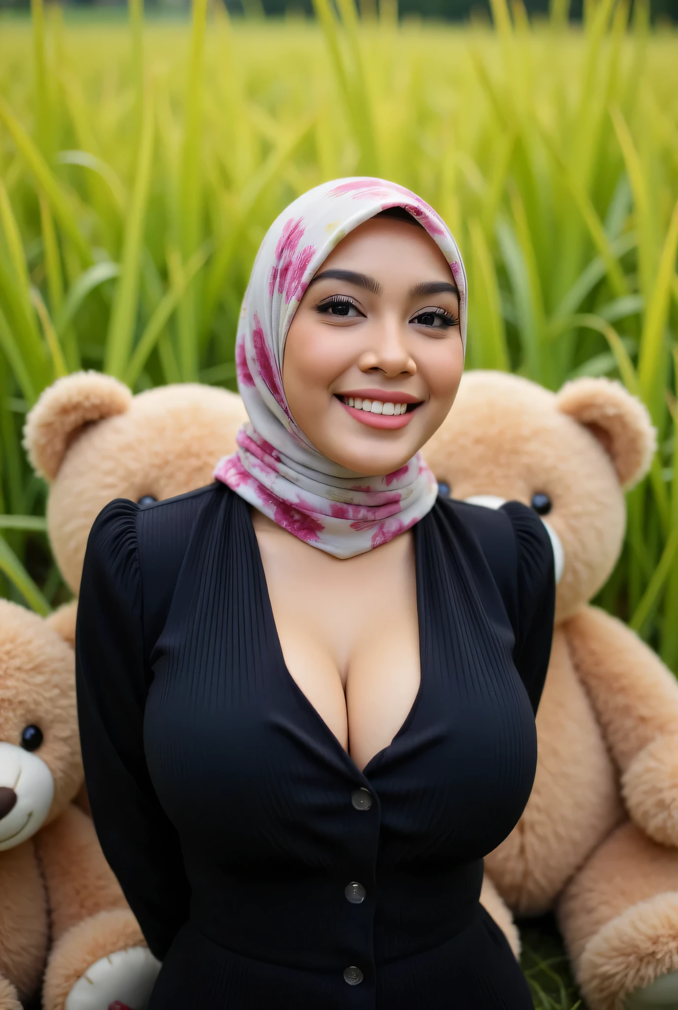 Visible female panties, front posing, ("Facial expression in Happy big Orgasm"), Both hands lying behind the back, Wearing flora print hijab, (photorealistic:1.6) ((Indonesian hijab)), background rice paddy. daytime atmosphere, (((please don't showing any finger!!!))), (BARING DIATAS TIGA HUGE TEDDY BEAR)), hands behind back, Look from the front you are stupid!, wearing Fully bright black pleated print unbuttoned plain tight strapless dress. (blink pink eyeshadow & pink eyeliner) PLEASE DON'T PUT ANYTHING ROPE AT MY CLOTHES!!!. BOTH HANDS PLACED BEHIND THE BACK , SILFOE PHOTO. BIMBO LIPS