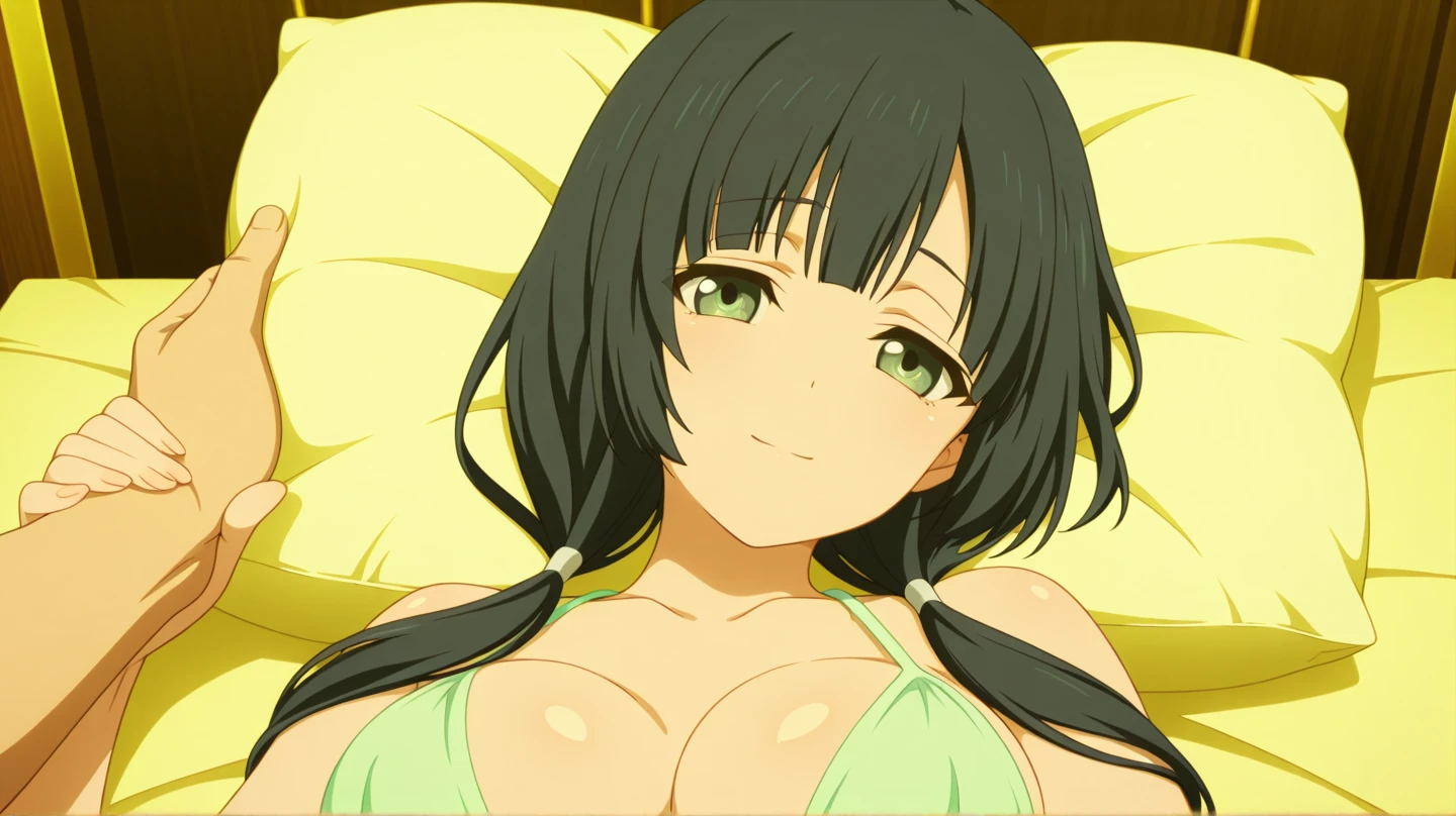 (missionary, pov:1.5), (masutepiece, Best Quality, High resolution, anime colours, megami magazine:1.2, anime poster style, anime keyvisual, sharp, 8k, photorealistic), missionary, pov, 1girl, (beautiful eyes:1.5, beautiful face), Kotegawa Yui, solo, Cute, blush, (Long Black Hair), (huge breasts:1.2), (yellow Bikini:1.2), (lying, on back, lie on bed:1.5), (upper body:1.5), spread legs, (Perfect detailed Anatomy, beautiful detailed hair, perfect detailed body:1.2, shiny skin), (thick outline, Beautiful outlines, black outlines), simple background