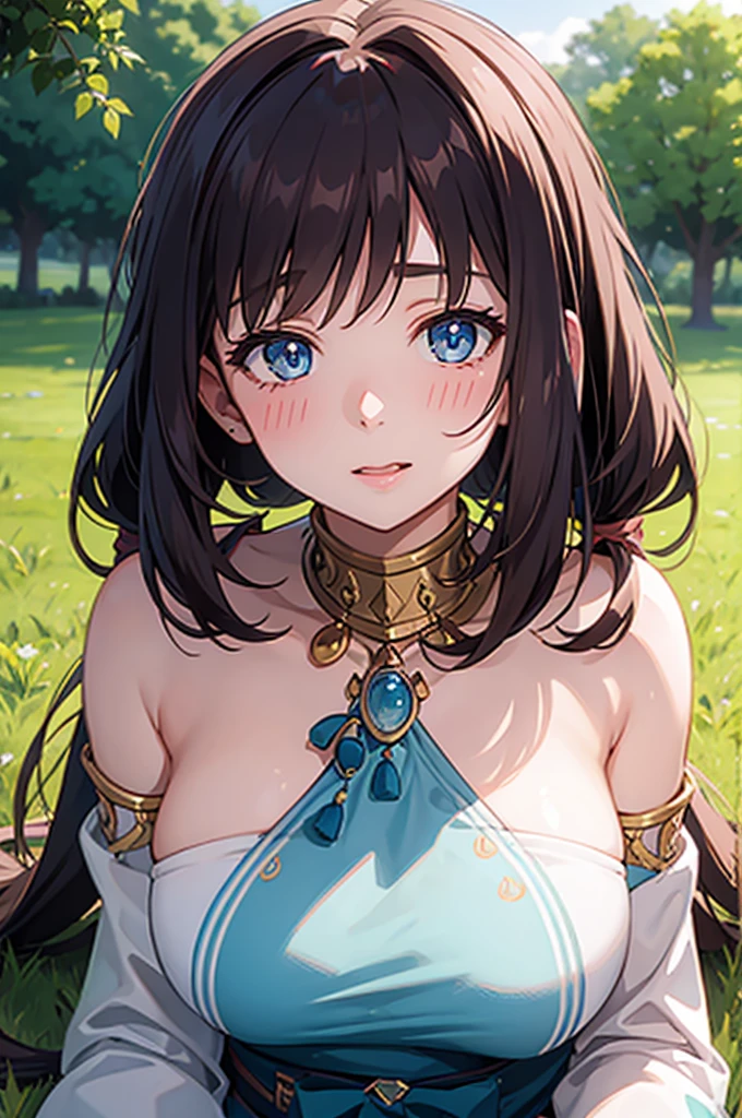 (masterpiece), (highest quality), (figure), (Very detailed), (High resolution), (8k), One Woman, Big Breasts, Brunette color hair, Double up braid, Long Hair, Long Hairと短い髪, Very cute girl, , delicate, she, Charming smile, Green Eyes, Bright Eyes, Vivid eyes, cute, Thighs, Waistline, cute顔, delicateな腕, Beautiful Eyes, Looking up, grassland,