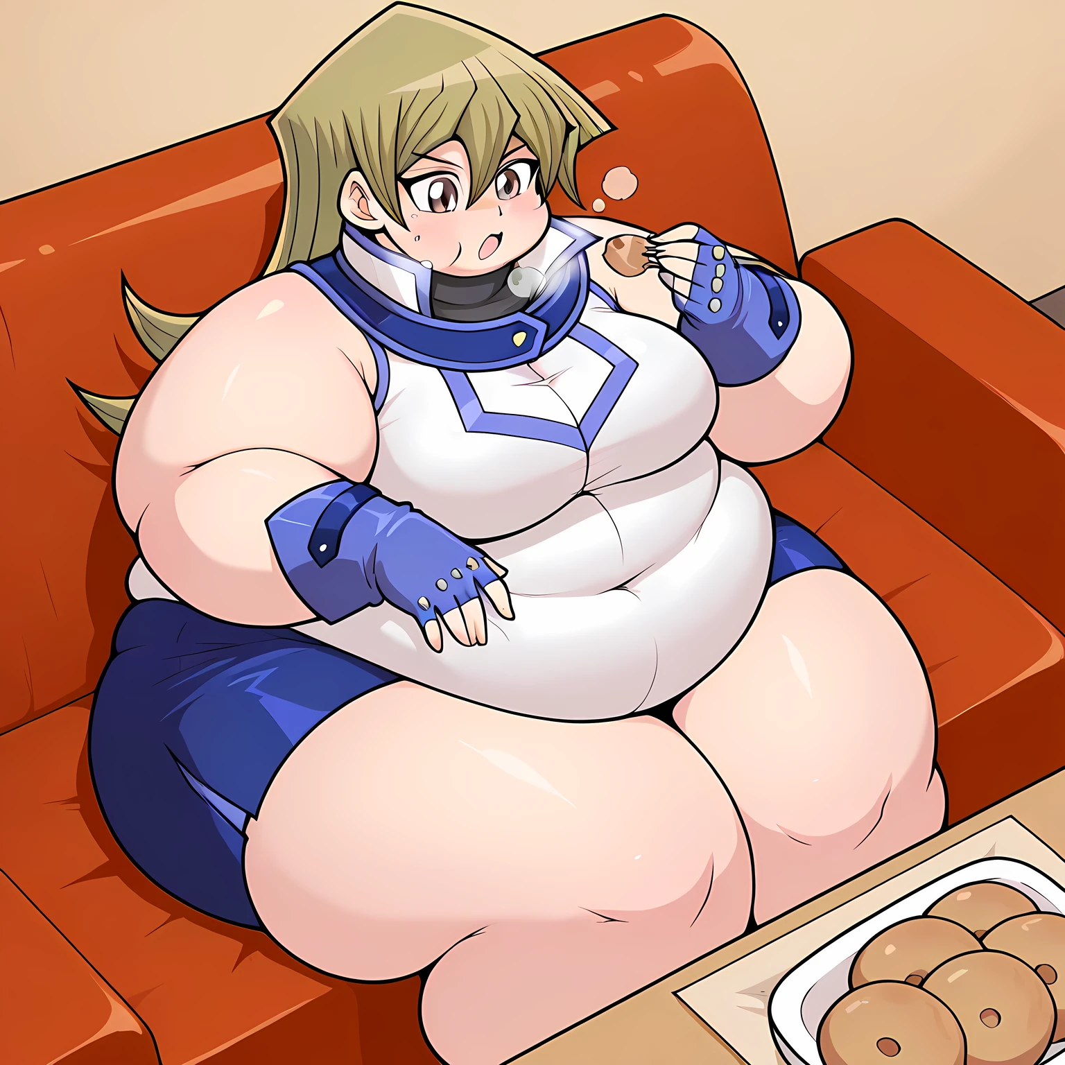 masterpiece, ((best quality)), ((Very Detailed) ,1boy, neuvillette, long hair, blue hair, suit ,ascot, Beautiful face and Eyes:1.4, background: Candyland,(high_aesthetic), ((WeightImmobile:1.6)), ((Wide Hips:1.3)), ((Large Round Belly:1.5)), Thick thighs, ((Large Ass)),Embarrassed, being Surrounded by food , Sumo:1.4, Detailed face:1.4