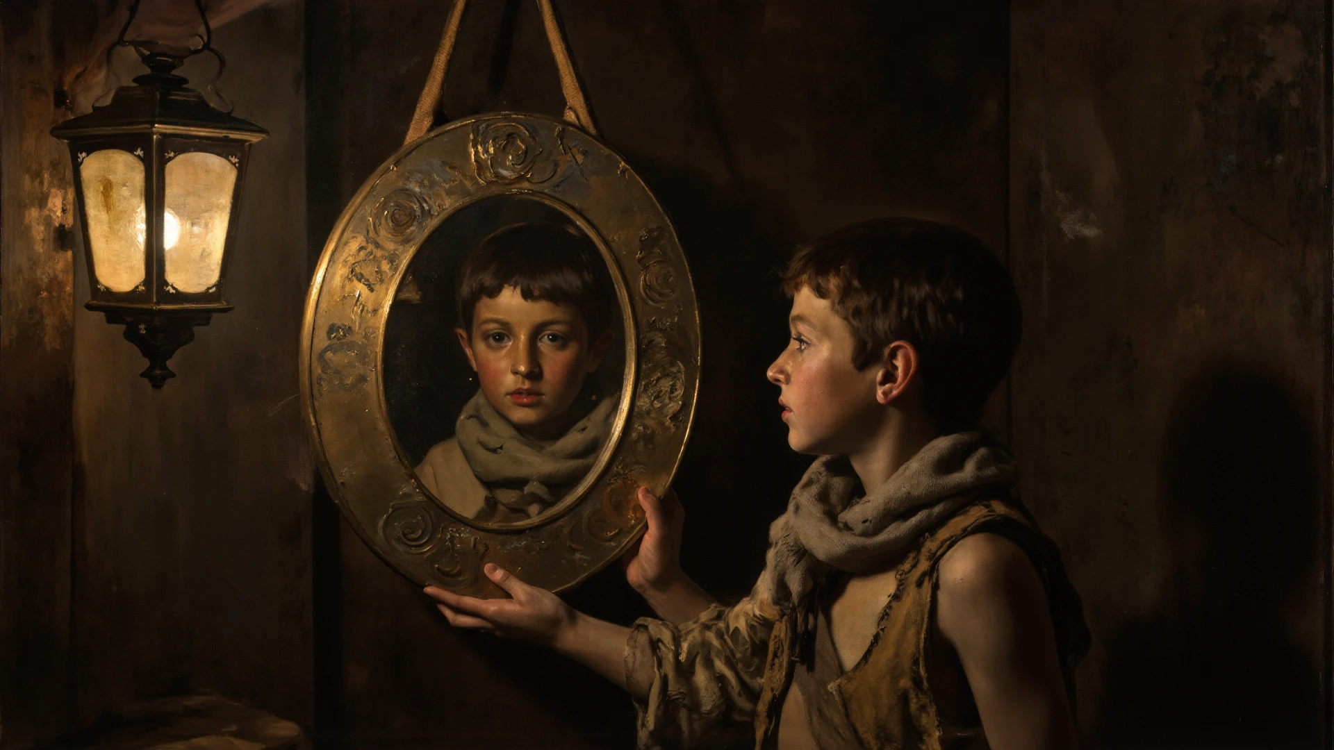 Create a 17-year-old boy from the medieval era dressed as a peasant looking at himself in a mirror and reflecting on his image as a princess wearing a pink dress.