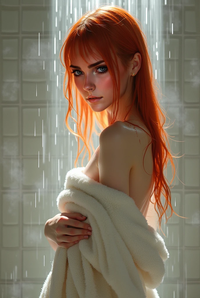 Beautiful slender thin exquisite (nude) girl 16 years old with a perfect face of the southern type with red hair with tender breasts with tender nipples barefoot with bare hips ((with red pubic hairs)) ((in an unbuttoned blue shirt on a naked body)) walks along a brick road in the middle of a flowering field, in a gentle watercolor style, Discreet shades, sfumato, haze, diffused dim light, delicate mint shades, imitation of film photography