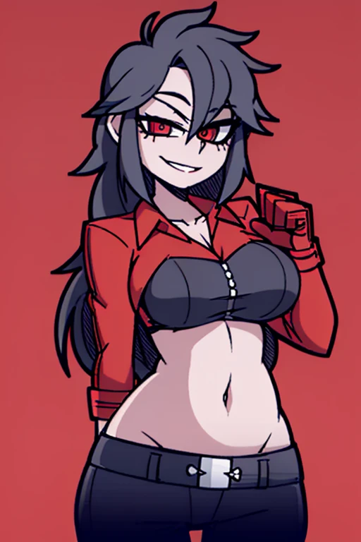 A tall sexy girl with long black hair and red eyes wears a white button-down shirt tied with a knot and shows her navel and her black leather miniskirt and puts on a red glove and smiles happily.