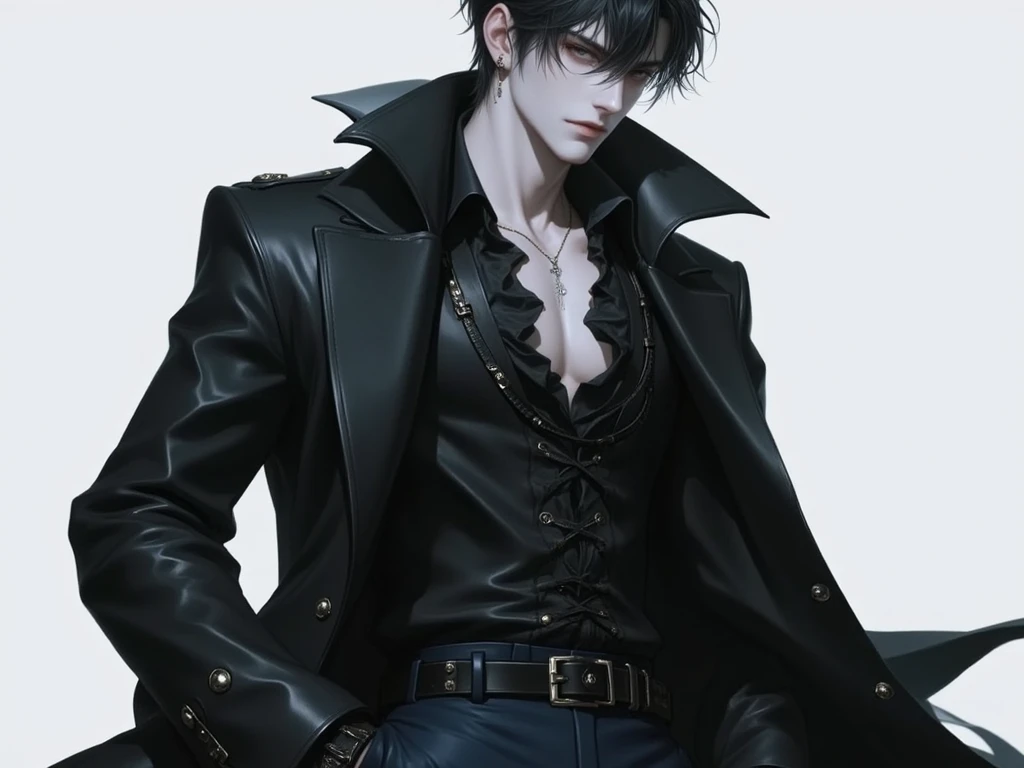 (((intricate design))) (((Top quality))) (((16K))) (((High Definition))) 3D splash art, high res, ultra sharp, ((masterpiece)), best quality, expressive eyes, perfect face, Super eyes, (((Volumetric lighting))) (((cinematic light))) there is a man with a muscular body, strong jawline, Dark Purple Skin tone, Gothic Drow, White Hair, Black Makeup, White Tattoos, Grey Eyes, Black Leather Clothing, Open Top, Silver Jewellery, Shadow, piercings, assassin, handsome, attractive, and he is in a zombie apocalypse covered in blood and dirt, there are also zombie's in the city background, horror, spooky, haunted, abandoned city, messy, survivors,