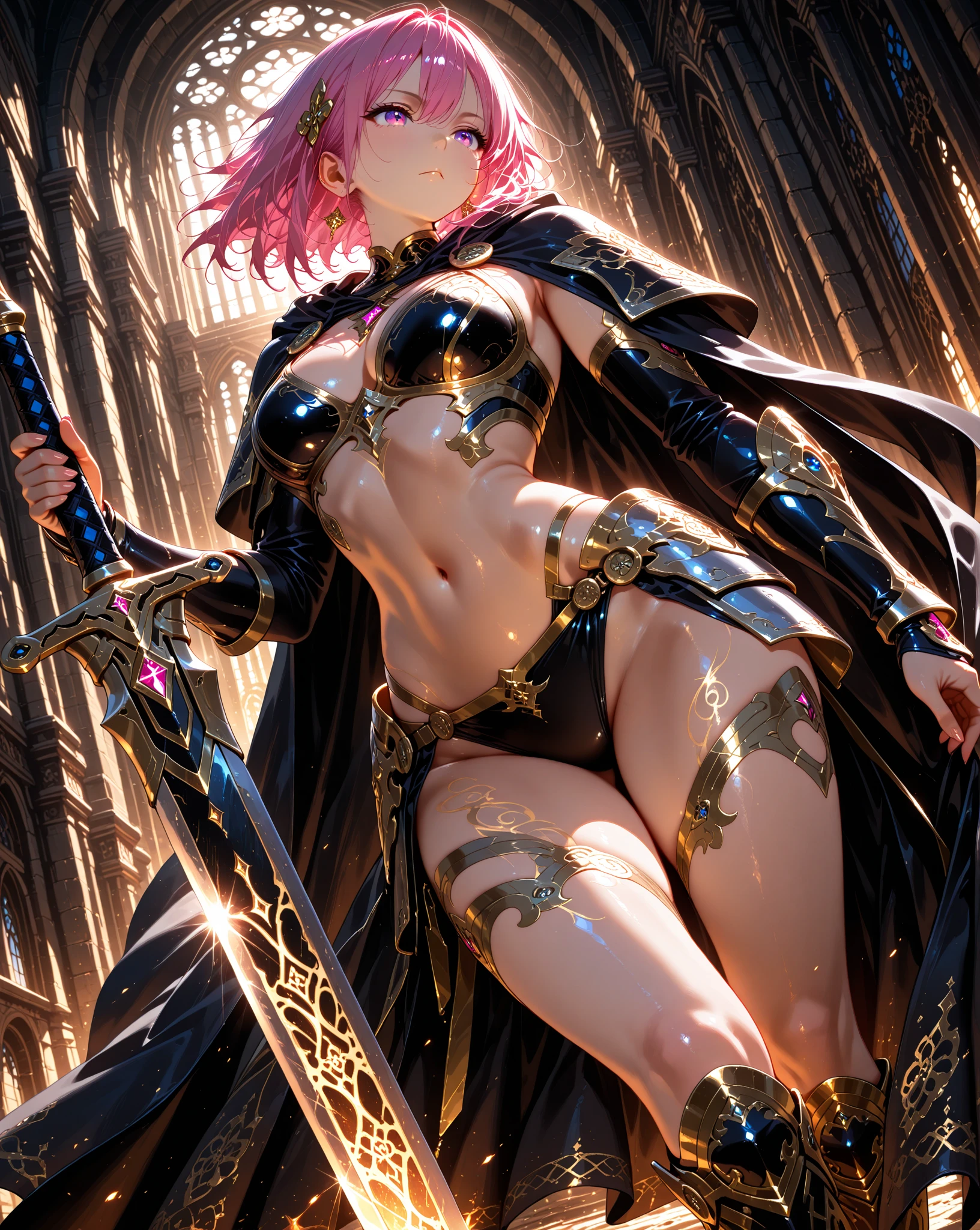 ((Beautiful woman wearing an executioner costume)), break, sexy, skindentation, ((highest quality)), ((masterpiece)), (familiar), perfect face, 8k , break, short hair, ((pink hair)), bob cut, black eye, beautiful princess, (smile), metallic costume, medium breasts, (dynamic pose), ((visible nipples)), camel toe, sexy, ((Holds the scythe of death)),