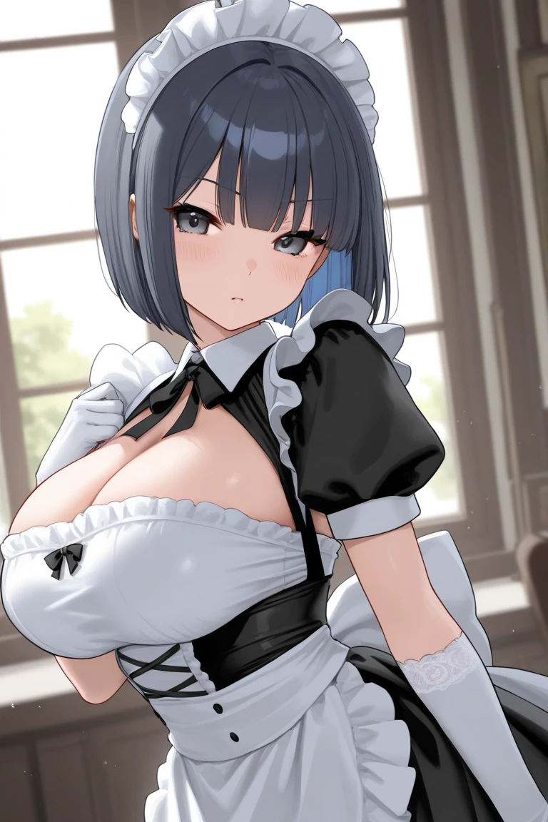 Main piece、high quality、High resolution、1 girl,single, Ruka Sarashina、jewelry、skirt、Maid uniform that exposes the breasts、Japan maid café、Woman with black hair、short hair、black hair、black pantyhose, Blue eyes, long sleeve, blue hair band, bangs, big full breast, cleavage, Medium waist, medium hips, wide thighs, Cowboy photos, smile, fascinating, embarrassing, blush、lots of people, looking at the viewer,from below、Low - Angle,very big breasts、cleavage、Well good、no panties、no panties、Very short skirt、nipple、Serve nipple、Milk spurts out of nipple、Milk drips from nipple