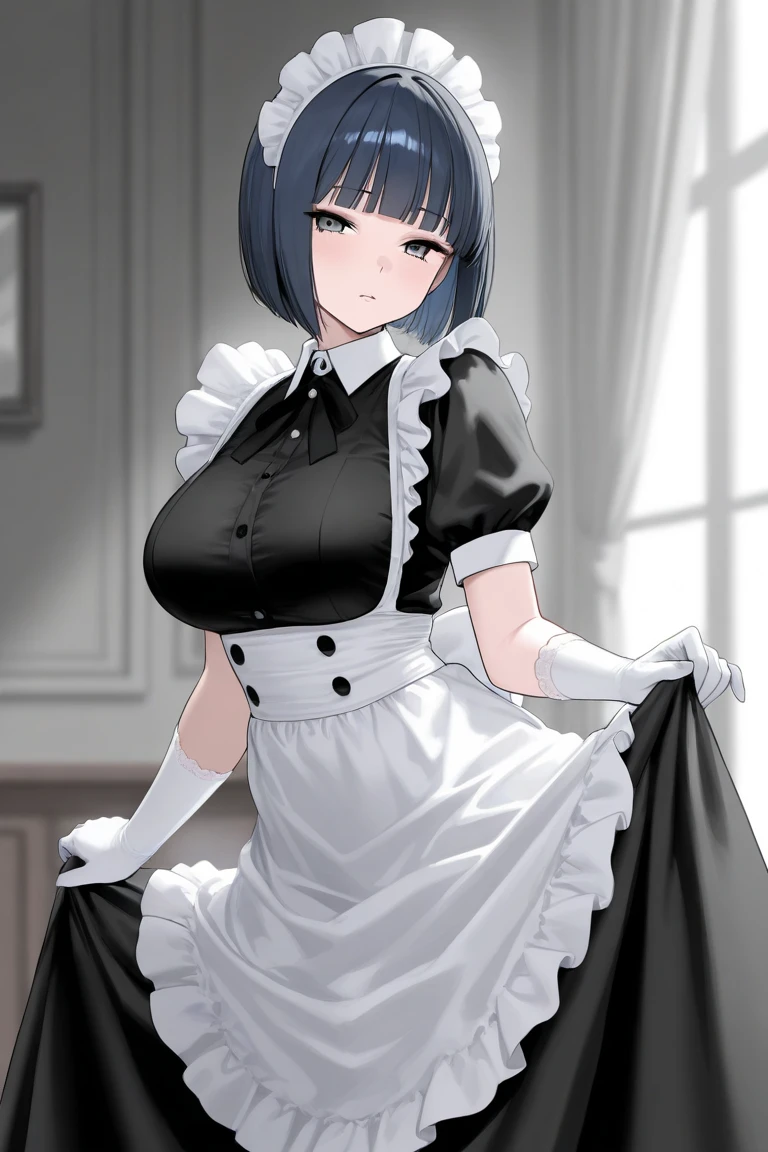 masterpiece, best quality, 1girl, solo, looking at viewer, standing, feliciadef, black hair, bob cut, black eyes, black pupils, maid, maid headdress, maid apron, maid dress, black panties, thigh highs, gigantic breasts, natural breasts, shy, blushing, full body, high heels, hands joined, bedroom eyes, hallway, red carpet, candlestick, darkness, late night, holding body, in top of the viewer, from below, horny,