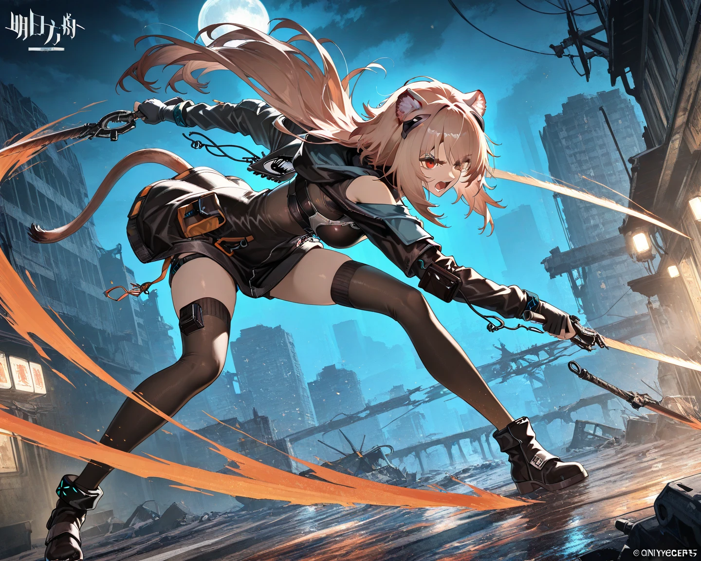 Fashion photography of real-life Makima from Chainsaw Man, in an action pose with an amazing camera angle. The setting is a dynamic urban environment, with buildings and neon lights in the background. The composition centers Makima, capturing her mid-movement with a powerful stance. The lighting is dramatic, with intense highlights and deep shadows emphasizing her features