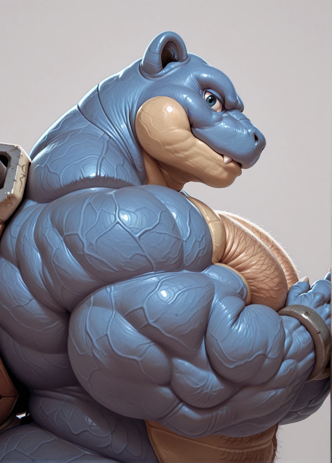 Machoke (Pokemon), Male machoke, spreading legs, massive crotch bulge, looking at crotch, clenched teeth, blue spandex pants, gardening, pulling weeds, sweaty, squatting, hands on crotch.