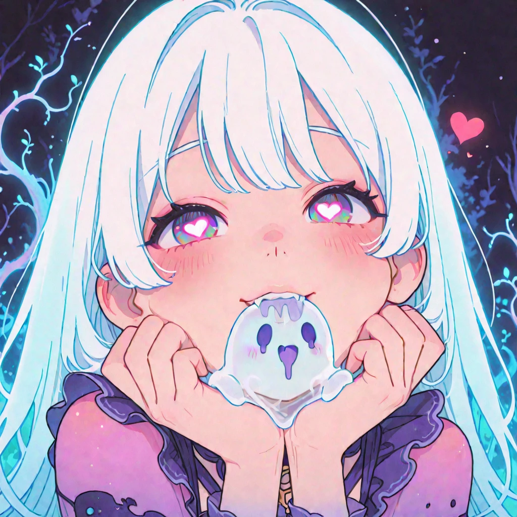 Wink,Long Wavy Hair,White hair is very attractive, Detailed and precise manual work, Attractive girl, White cat ears,Purple eyes and white eyelashes,light in your eyes,Big angel wings,Looking at the sweets, he is gazing at them with his mouth open in gusto,A delicate, flowing white dress with purple floral print, Hand-drawn illustration,Broad background,