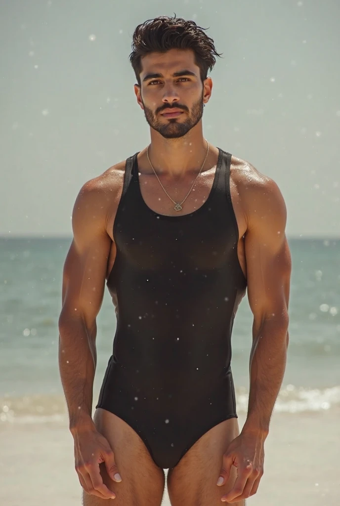 Muscle man, slim and sexy with big bulge in crotch under sunlight on beach, Muscular lifeguard man in red swimsuit. Man in red bikini. sexy masculine man. Man with great great attributes. Handsome man without beard. Man with bright tattoos on his arms. Well endowed man with large genitals noticeable through his swimsuit.