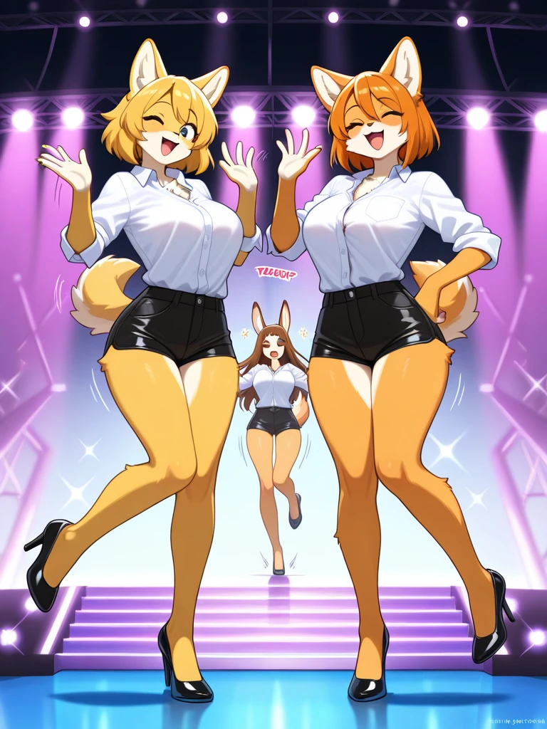 3boys, squirrel, furry, bodyfur, tail, bra, bottomless, gloves, boots, chibi, sparkling eyes, penis, testicles, side by side, idol, dancing, singing