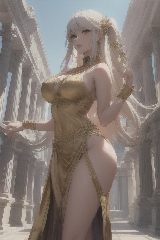 Beautiful Alluring cyborg Aphrodite, Bare Skin, Athletic Well Toned Body, Elegant Form, Bare Skin, bathing inside a pool at a greek temple, Barely Clothed, Beautiful Face, loose white linen chiton, gold filigree mechanical limbs, exposed ornate gold robotic parts, chrome skin, pink glowing parts, fantasy Theme, futuristic Theme, Fiverr Dnd Character, Octane Render, Digital Art, Extreme Detail, 4k, Ultra Hd, Polished, Beautiful, Hyperdetailed, Intricate, Elaborate, Meticulous, Photorealistic, Sharp Focus, Wlop, Character Design, Unreal Engine, 3d Rendered, Volumetric Lighting, Reflections, Glossy, Digital Illustration, Sensual Pose, Suggestive Pose, Lewd, Full Body Shot, naked, visible , puffy 💖❤💕💋❣