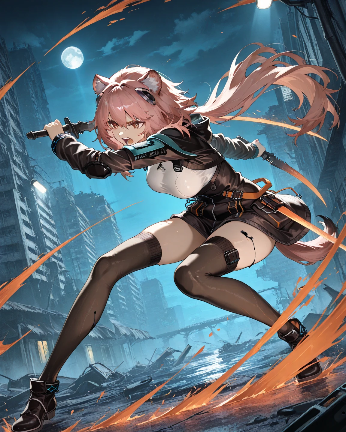 1girl, (animal ears), straight-on, (full body), braid, headband, pink hair, multicolored hair, detailed eyes, golden eyes, open coat, blue coat, skirt, white thighhighs, slim legs, pink tail, (one tail:1.2), cat tail, bangs, looking at viewer, blush, standing, hood down,long sleeves, light smile, solo, bare tree, building, city, cityscape, sunny day, day, outdoors, skyscraper, street, tokyo \(city\), tree