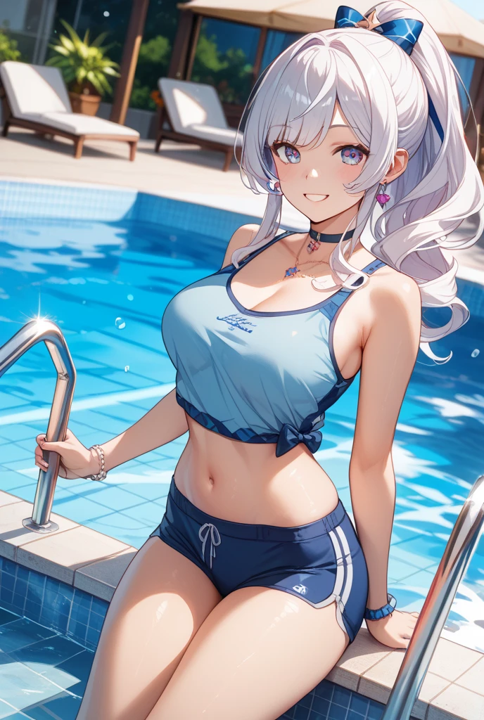(((masterpiece))), ShizukaMikazuki, One Girl, alone, View your audience, Long Hair, Gray Hair, Long sleeve, Cleavage, Huge breasts,clavicle, Mature Body,Glamorous Body,Trained abdominal muscles,Make your face a little smaller,Make your breasts bigger,tall,Blushing,High Ponytail,Blouson, Open clothes, open Blouson, blue Blouson,nude,Black sports bra,Black hot pants, Play sports often, Choker with charm,Earrings,Belly piercing,Embarrassed and surprised,blue eyes,Sunset Nature Park,Shooting from an angle,Sweat all over,