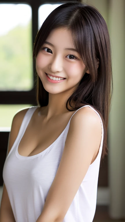 masterpiece,best quality,(Japanese girl),((Beautiful girl)),cleavage,indoor,(perfect body beauty:1.2),(shy smile),beautiful teeth,