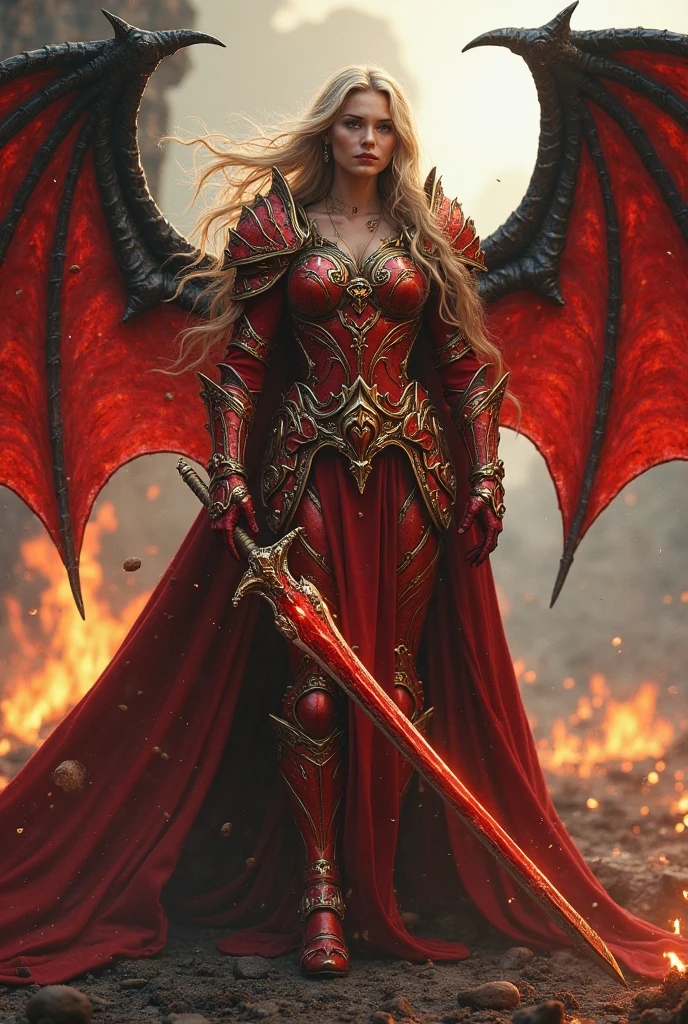 masterpiece, Photorealistic raw medieval city background with high quality details, Best Quality, volumetric lighting, volumetric shadows (1 woman) in fiery red with scale armor , White skin, perfect body, big breasts, big hips, small waist, (hull), claws, dragon wings, Reflective armor
