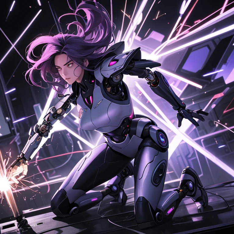 ((Best quality)), ((masterpiece)), (detailed: 1.4), (Absurd), paper, colorful line art, perfect face, Hot Latin woman fighter pilot ready for war, dark skin, lightning and lightning, defined muscular sculptural body, Wolverine mask, (((full body))), bare half-thick thighs, closed mouth, muscular body covered in purple tech clothing, Neon Genesis Evangelion style, cyberpunk, generous neckline, ((perfect small breasts)),  (lilac eyes), ((totally purple clothing with golden rays)), (((short dark purple straight hair)))), long black eyelashes heavy makeup, garter belt, niji --V5, close to real, psychopathic, crazy face, sexy pose, red and white background, 2 pieces clothing, centered, scale to fit dimensions, HDR (High Dynamic Range),Ray Tracing,NVIDIA RTX,Super-Resolution,Unreal 5, Subsurface Dispersion, PBR Texture, Post-processing, Anisotropic Filtering, Depth of Field, Maximum Clarity and Sharpness, Multilayer Textures, Albedo and Specular Maps, Surface Shading, Accurate Simulation of Light-Material Interaction, Perfect Proportions, Octane Render, Two-Tone Lighting, Wide Aperture, Low ISO, White Balance, Rule of Thirds, 8K RAW, Crysisnanosuit