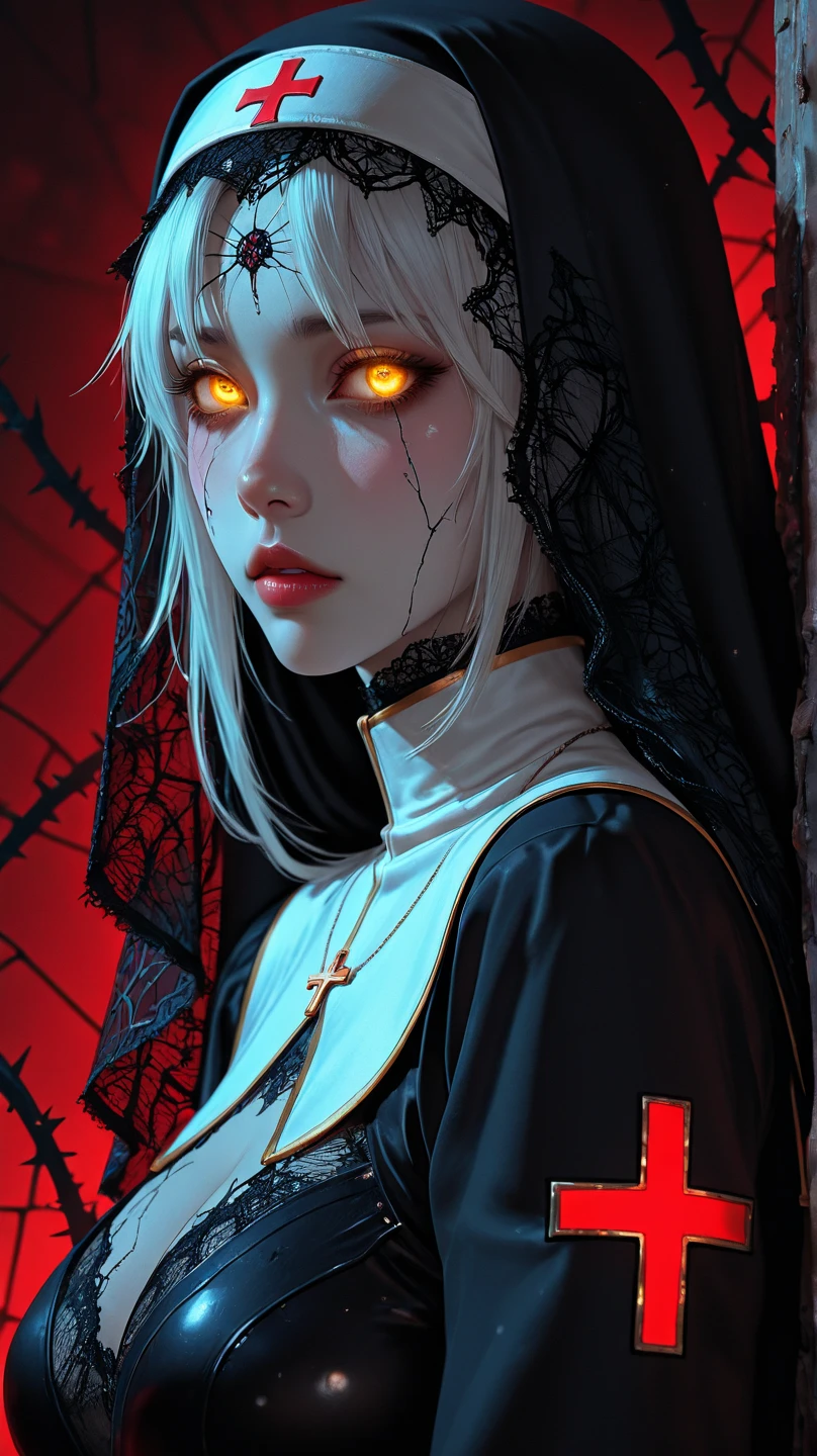 closeup of a woman dressed as a nun,ultra realistic,rain,day,mist,dark,particles,ultra detailed,artwork,very detailed,well lit, detailed lighting,shadow detailed,forest detailed,real life,warrior,battle,blood,war,terror, mist, red eye, silver hair