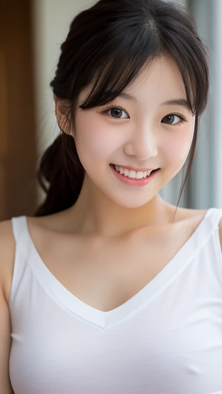 1 Nogizaka Musume, Very cute, a beauty girl, 17 age, Beautiful face, eyes and skin with exquisite detail, Detailed black hair, Smile at the camera, cowboy  shot, the way from school to home, profetional lighting, BREAK, (realisitic, Photorealsitic:1.37), 8K, (​masterpiece), (top-quality:1.4), (超A high resolution:1.2), (Raw photography:1.2)、(super detailed beautiful cloths)、perfect anatomia、4fingers and 1thumb、hyper detailed background、(Wallpapers by Unity 8K)、Sit on a chair and open your legs、Underwear is white、NSFW、nudde