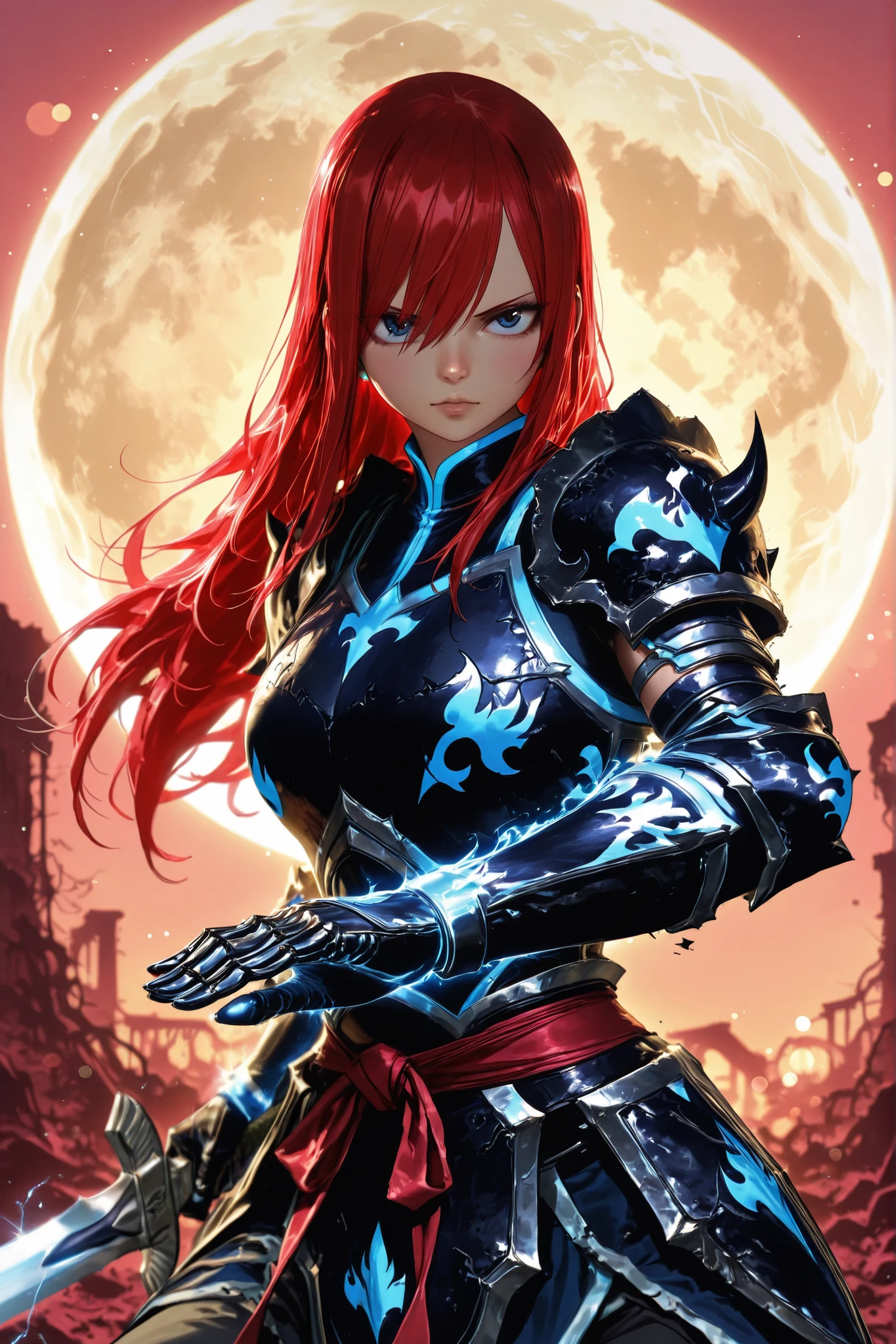Here’s a detailed prompt to create an image of Erza Scarlet:
(Erza Scarlet:1.4), (Fairy Tail:1.4), (masterpiece:1.4, best quality), (photo realistic:1.4), naughty expression, dynamic sexy battle pose, wearing her sexy armor with intricate details, (armor glowing with magical energy:1.2), very short armor, flowing scarlet hair, holding a massive sword with a beautifully decorated hilt, (sharp and intense gaze:1.2), (powerful aura surrounding her:1.2), (background of a battlefield with rubble and flames:1.2), (dramatic lighting with strong contrasts:1.2), vibrant colors, rich textures, highly detailed body, armor torn off, (dynamic composition with movement and energy:1.2), (deep reds:1.2), high-quality and detailed, (epic and powerful atmosphere:1.2), perfect image quality, iconic and recognizable, (full body view:1.4)