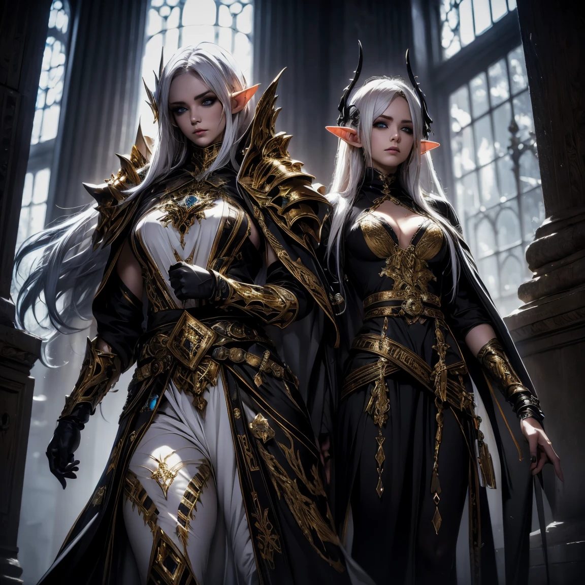 fantasy style, magician girl, beautiful, slender, sexy, big breasts, makeup, expensive luxurious black fantasy magician dress with gold pattern, skull brooch, long high boots, hentai,