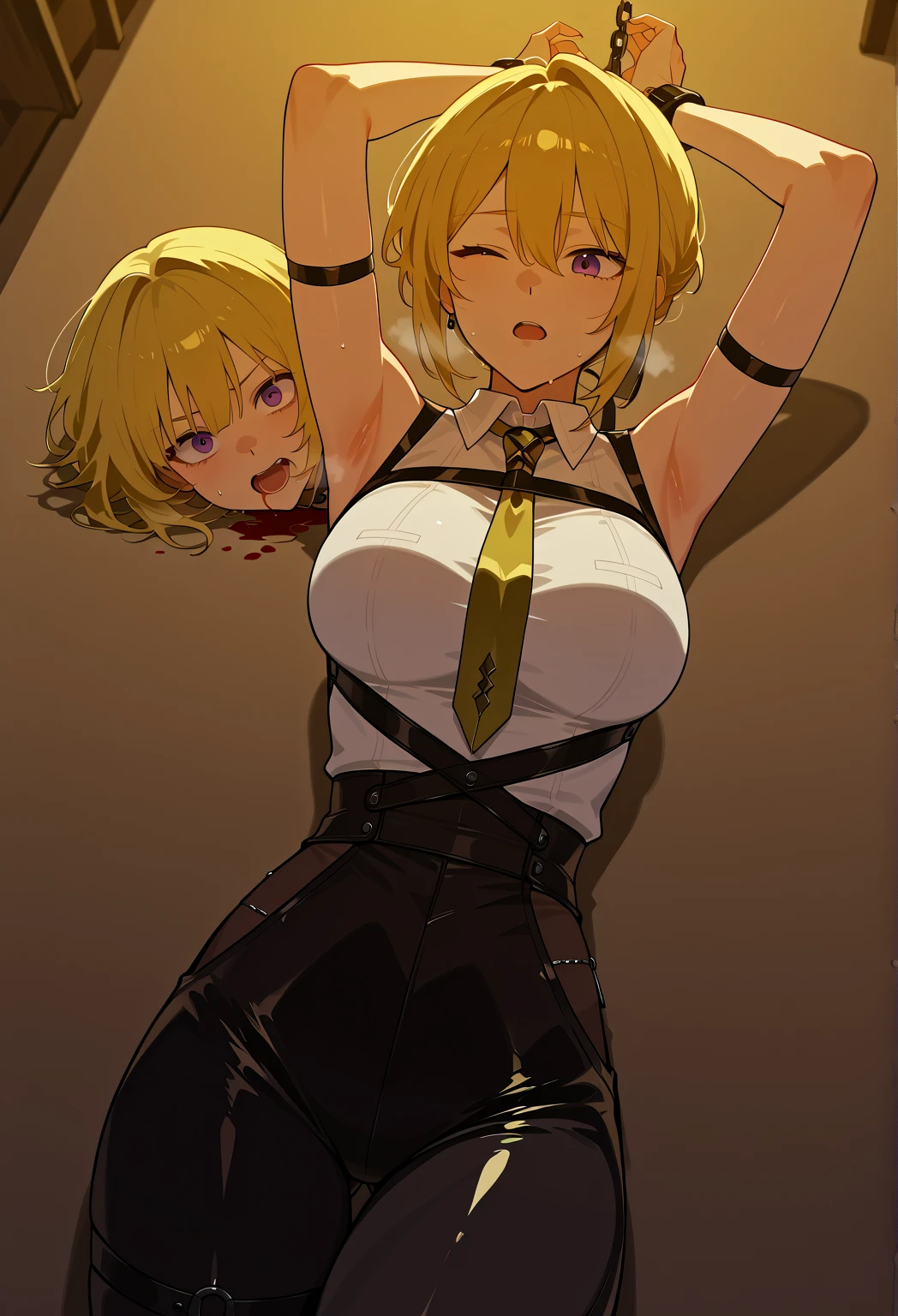 source_anime, rating_explicit, score_9, score_8_up, score_7_up, blonde_hair, goth, gothic, short_hair, looking at viewer, crop top, skirt, thighhighs, black clotges, hellsing, seras Victoria, goth girl, ikuchan, rape face, sinister, scheming, green eyes, smirk, standing, indoors, bedroom, fancy wallpaper, 1boy, cuckold, large male, ((size difference)), male head out of frame, front view, light skinned male, pale skinned male, ntr, netorare, standing side by side, standing, giant penis, duo, penis, huge penis