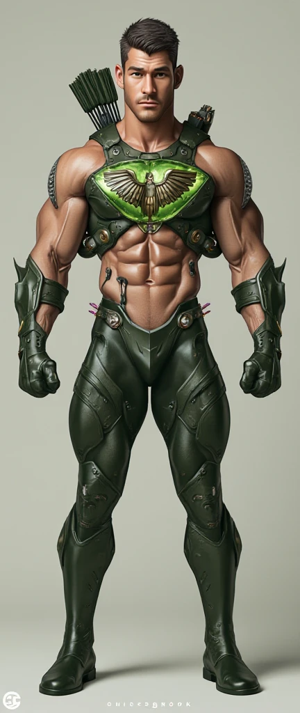 Tall four-armed alien is very muscular, with red skin and four green eyes wearing a white outfit with black and a bright green circle on the shoulder and some spikes on the 4 forearms