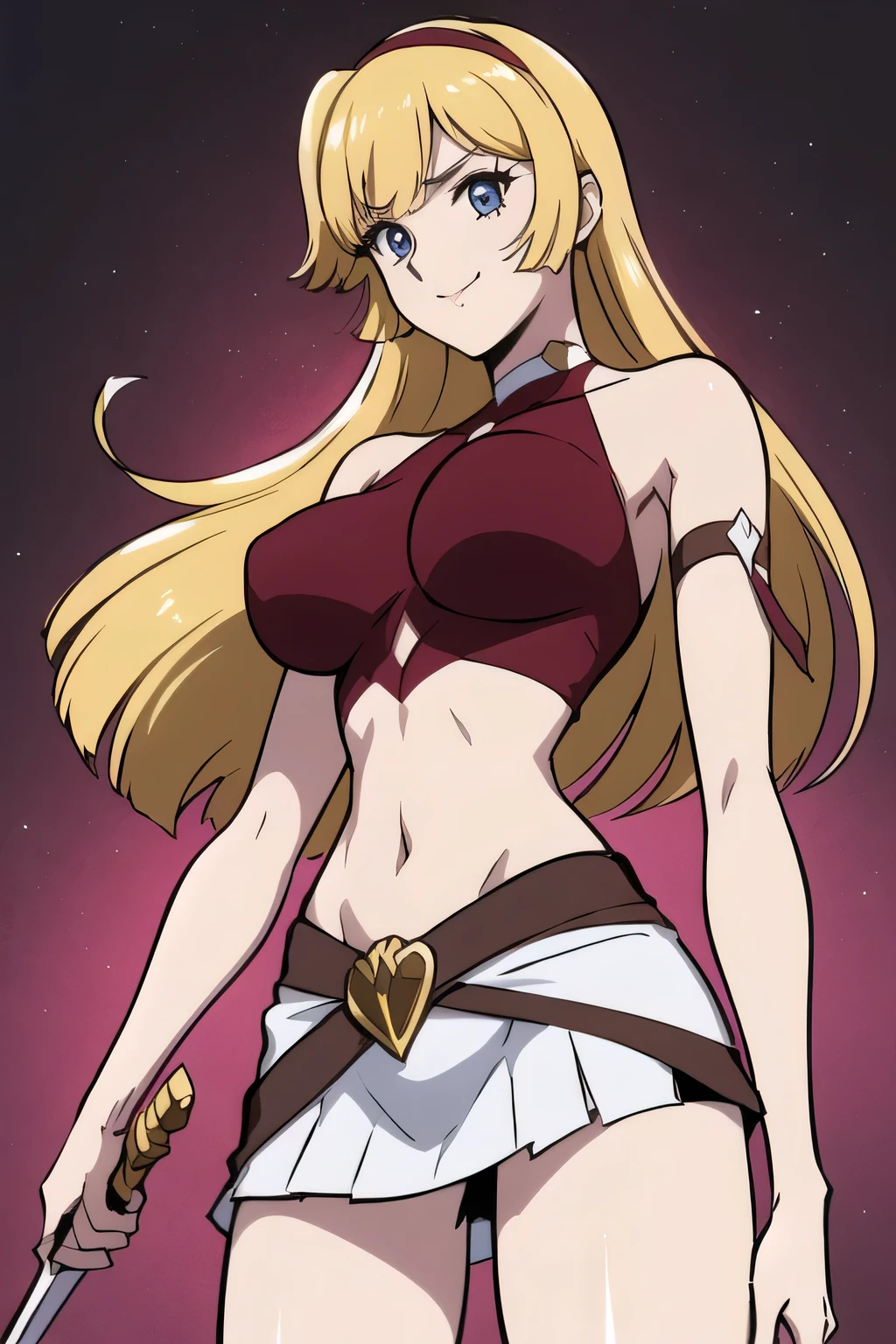 can you draw blondes,nice smile,pleated miniskirt,Can you draw a figure with a sword?,please draw a more delicate expression,,face is absolutely necessary,, , Big breasts, thin waist , , ,Faces are very important,