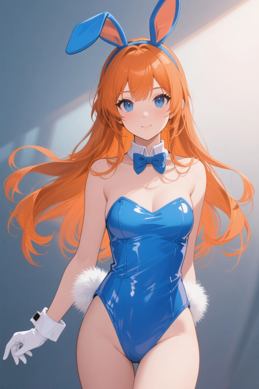 orange heart, 1girl, solo, breasts, twintails, orange hair, long hair, blue eyes, looking at viewer, power symbol, symbol-shaped pupils, bare shoulders, blush, smile, open mouth, gloves, medium breasts, elbow gloves, leotard, white gloves, dynamic pose, (outdoors), <lora:OrangeHeart:0.7>