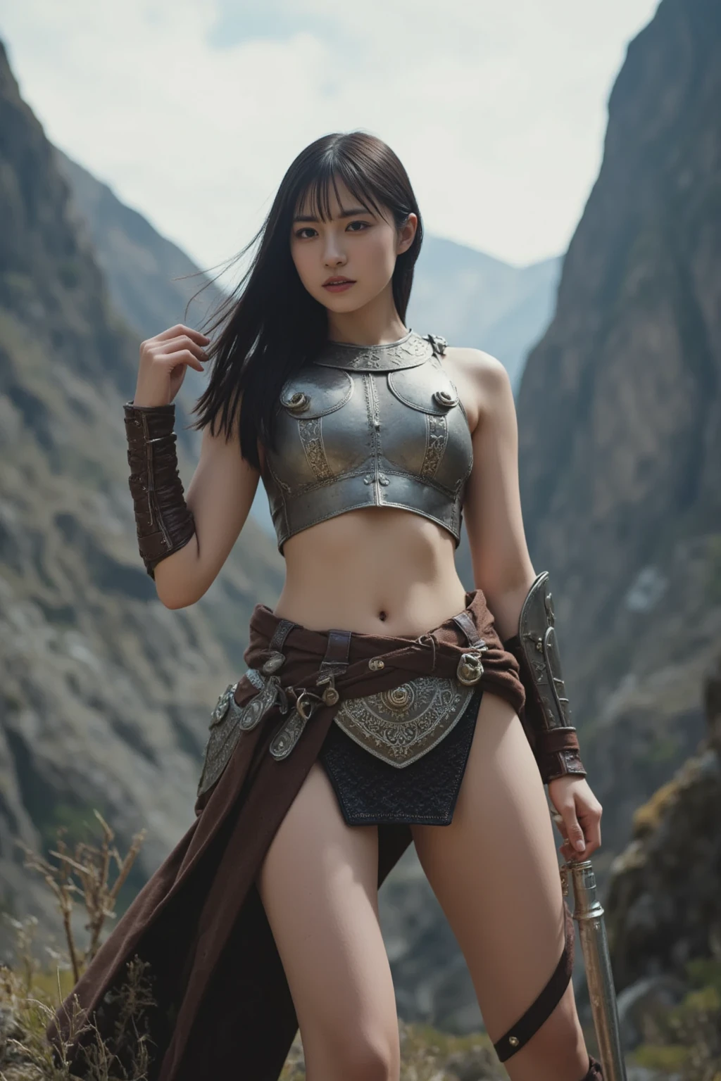 girl, teen, mongolian warrior, holding axe and shield, small breasts,naked,battle facepaint, vibrant appearance, creative behavior, imaginative, sensual, spontaneous, highest quality, skin texture, intricate details, (cinematic lighting), RAW photo, 8k