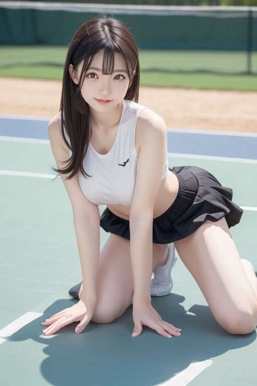 daytime, raining, solo, 8K resolution, white short skirt, pleated skirt, Blush, tennis costume, sleeveless shirt, sunlight, tuanbao, sit with 2 knees up, skirt lifted, lace panties appear, armpit,