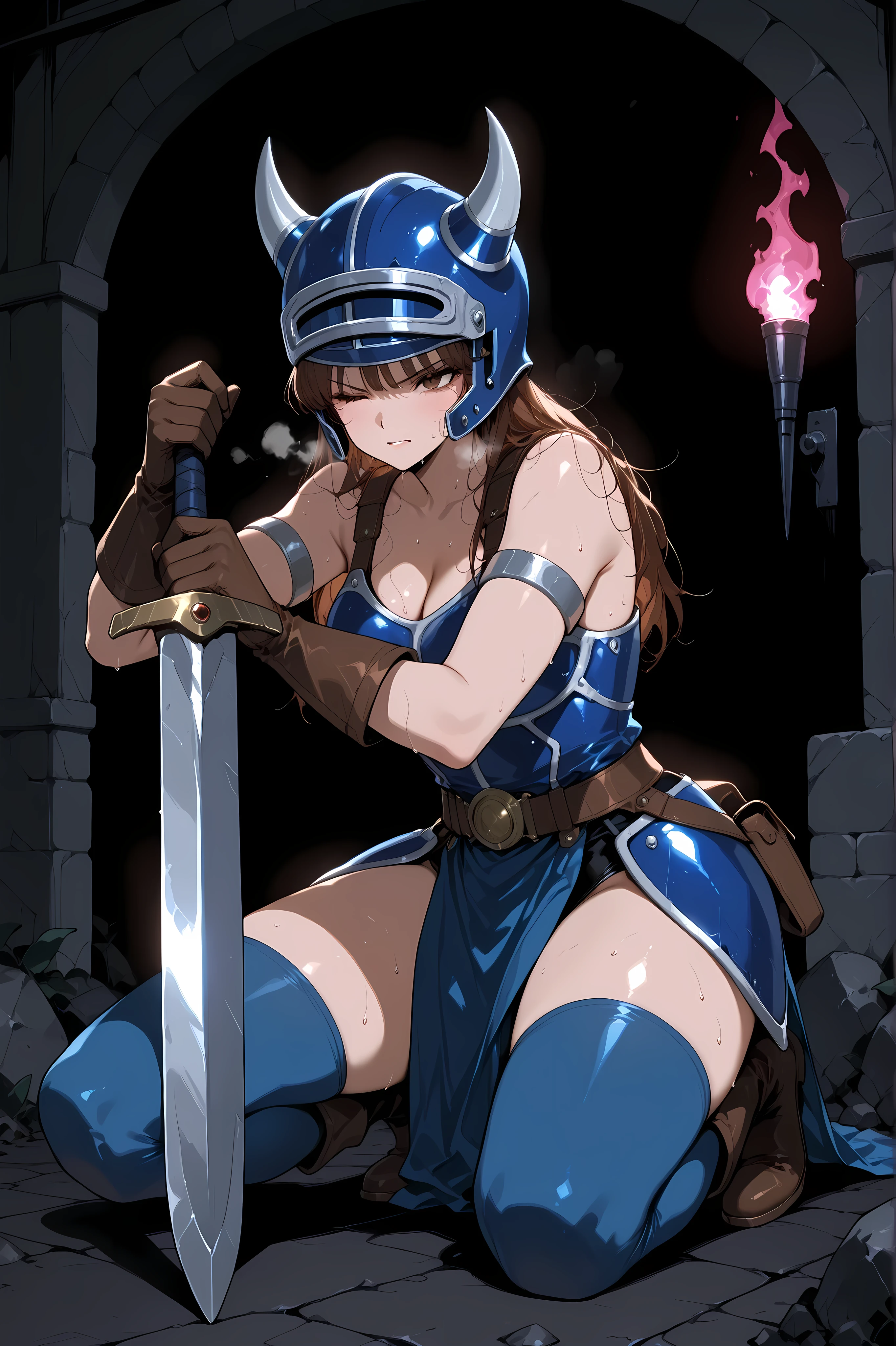 dqdaisy, brown hair, brown eye,wince,horned helmet, fake horns, blue armor, belt, armlet, brown gloves, blue thighhighs, bare shoulders, cleavage, Survivor's Breath: Aftermath of Battle、on one knee、knee up、. Crouching on one knee.from below.low angle,Hands on sword hilt.knee up、on one knee、
Anime comic style illustration, flat animation, retro 1980s style, Dragon Quest aesthetic.xss、wince,sweat,Dirt on equipment. Dirt on the body. 
Out of breath with mouth open. Tiredness.Brown leather boots.straight hair、Brown leather gloves.one eye closed,heroine, Pale lipstick.Pale blush.
In the oppressive gloom of a dungeon, a formidable female warrior rests after a strenuous fight. Her **blue armor** is scuffed, and her **long brown hair** is slightly disheveled. She's on one knee, using her **sword as a prop**, visibly **tired and out of breath**. A weary, almost embarrassed **wry smile** is on her lips as she looks directly at the viewer. Her **bare shoulders** with **thick straps**, **blue pelvic curtain** over her hips, **beautiful thighs** above **light blue thigh-highs**, and **black inner leotard** are all visible. Her **horned helmet (fake horns)** might be hanging from her belt or placed beside her.

**Camera:** A close-up shot, focusing on her face, upper torso, and the hand gripping the sword. This intimate perspective highlights her exhaustion, the detail of her armor, and the subtle wry smile, drawing the viewer into her moment of respite.
**Lighting:** Dark and atmospheric, with the main light source coming from a single point (e.g., a magic orb, a distant torch), creating strong contrasts and emphasizing her fatigue through shadows under her eyes. The flat colors retain vibrancy despite the darkness.
**Background:** The immediate, rough stone floor and wall of the dungeon, possibly with a defeated monster's outline faintly visible in the deeper shadows, providing context to the hard-fought victory.