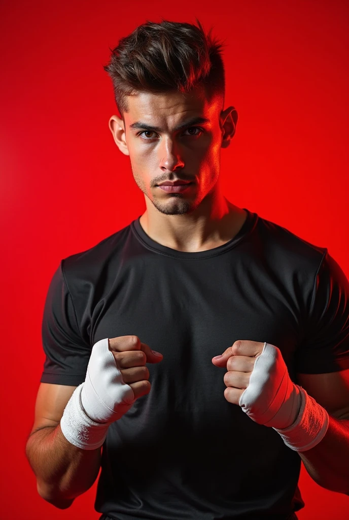 detailed photograph, 8K, Detailed skin. a portrait of a handsome  man in boxing gloves in a powerful posture