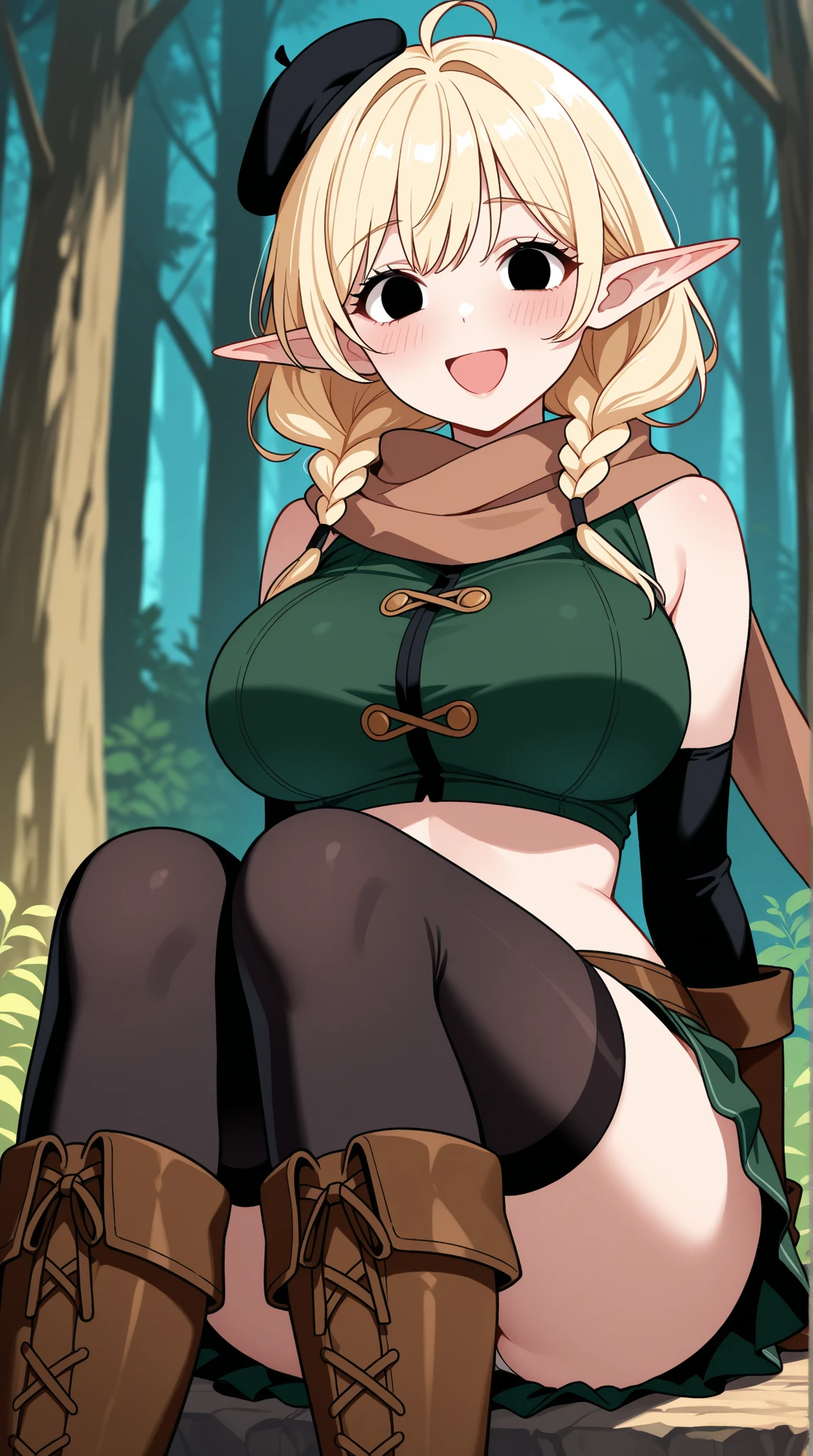 anime art style, masterpiece, best quality, very aesthetic, absurdres, dynamic shadows, atmosferic, marcilledonato, ((1girl)), blonde hair, ((long hair)), braid, twin braids, long braids, parted bangs, green eyes, detailed eyes, bright pupils, pointy ears, curvy body, large breasts, sexy, black nightgown, lingerie, (((see-throught))), borrowed, embarrased, intense blush, ((cowboy shot)), (from front), (standing), (grass), (afternoon), (autumn), (trees), (clouds), (looking at viewer:1.0)