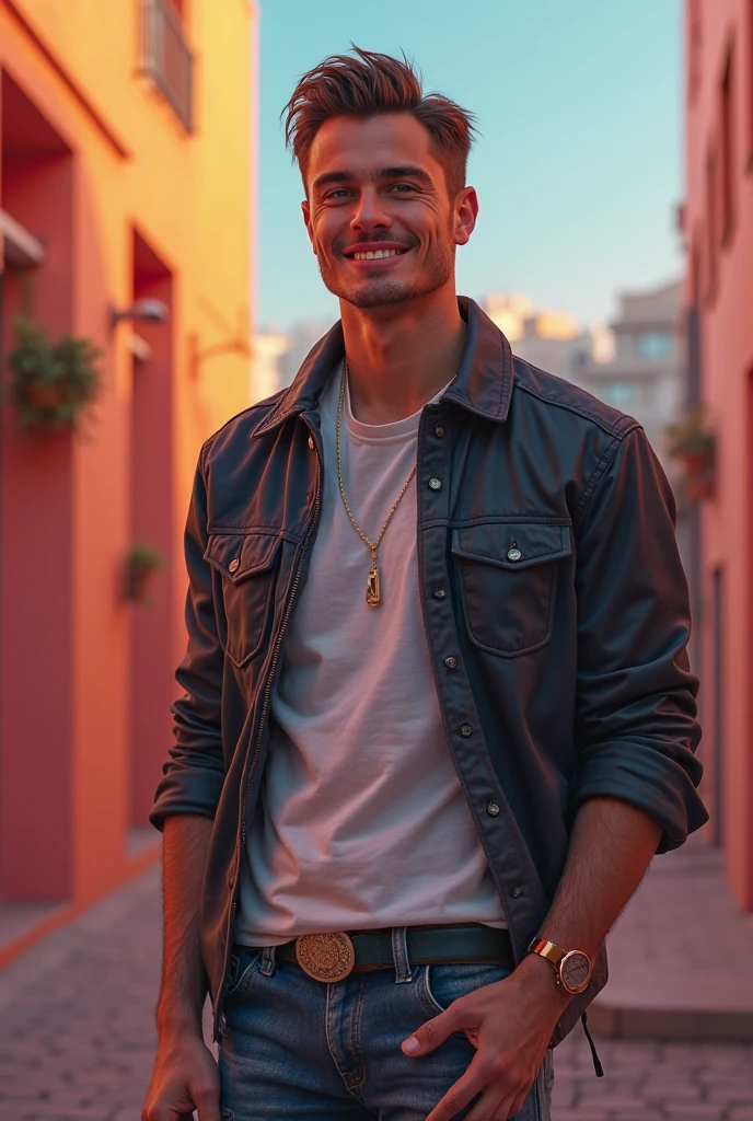 Half-shaven boy, with aviator glasses, white shirt, open button-down shirt with print, jeans, flip-flops, laughing, with a bottle of liquor, outside a bar, people on the streets, at night.