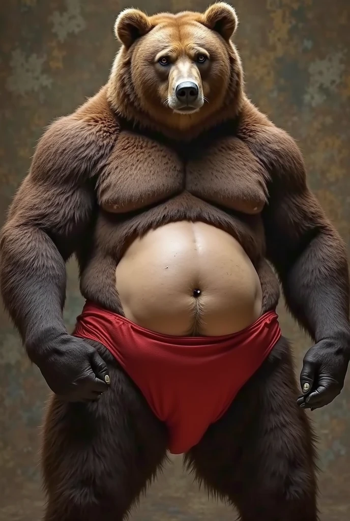 Man wearing an animatronic bear mask with his underwear showing an erect penis, supper: he sticks a dildo in his big ass and gets his underwear covered in cum 