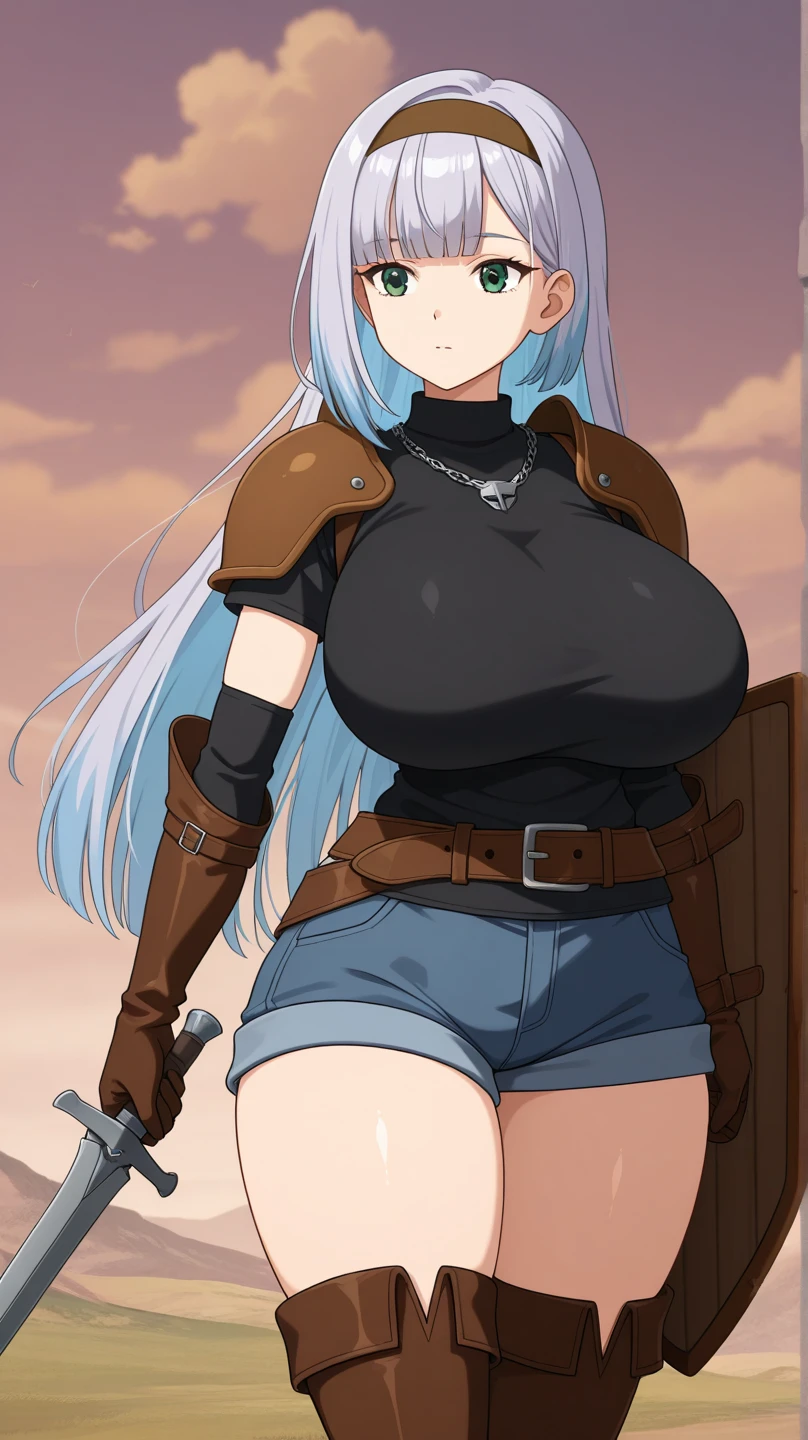1 skinny girl, solo, light blue hair, (red and purple heterochromia), (red left eye and dark purple right eye:1.3), bending back, looking at viewer, BREAK, black plunging neckline short dress, dark yellow cropped jacket, black thighhighs, BREAK, (bouncing unaligned huge breasts:1.4), cleavage, very short torso, (inconceivably narrow waist), thin long legs, BREAK, holding a spear, BREAK, {nsfw:0.5}, (show off crotch:1.3), desert, desert storm, rocks at background