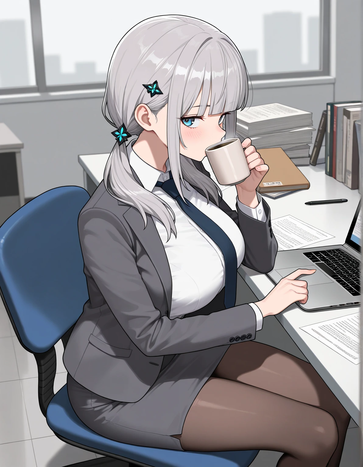 _asura style, bronya_zaychik, 1girl, breasts, solo, cleavage, office_lady, skirt, looking_at_viewer, pantyhose, grey_hair, can, large_breasts, grey_eyes, long_hair, sitting, smile, keyboard_(computer), holding, jacket, sweater, id_card, office_chair, bangs, chair, pencil_skirt, closed_mouth, monitor, mouse_(computer), hair_between_eyes, lanyard, blue_skirt, collarbone, ponytail, open_jacket, long_sleeves, phone, open_clothes, shirt, brown_pantyhose, indoors, drill_hair