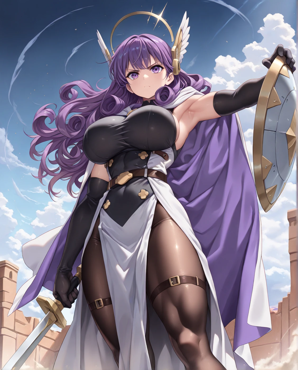 masterpiece, best quality, defCamilla, tiara, armor, gloves, gauntlets, black panties, thigh boots, looking at viewer,