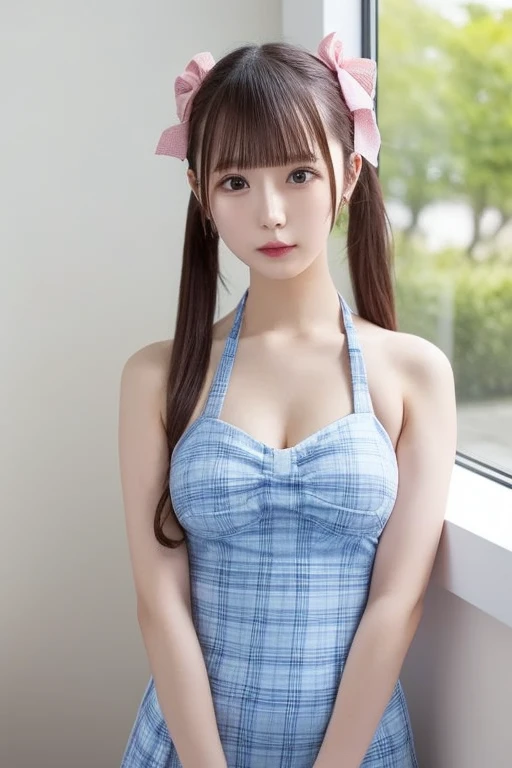 1 Girl, Beautiful, Baby Face, 20 Years Old, White Skin, Pose, Cleavage White Maid  Outfit, Blue Eye, Twintail, Muscles:1.3, Outdoor, Glasses, Bokeh:1.1
